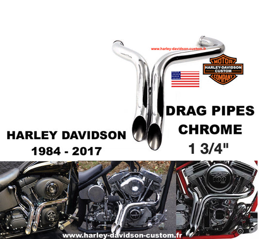 DRAG PIPES 1 3/4 " ECHAPPEMENT CHROME Harley Davidson 1984 - 2017 USA