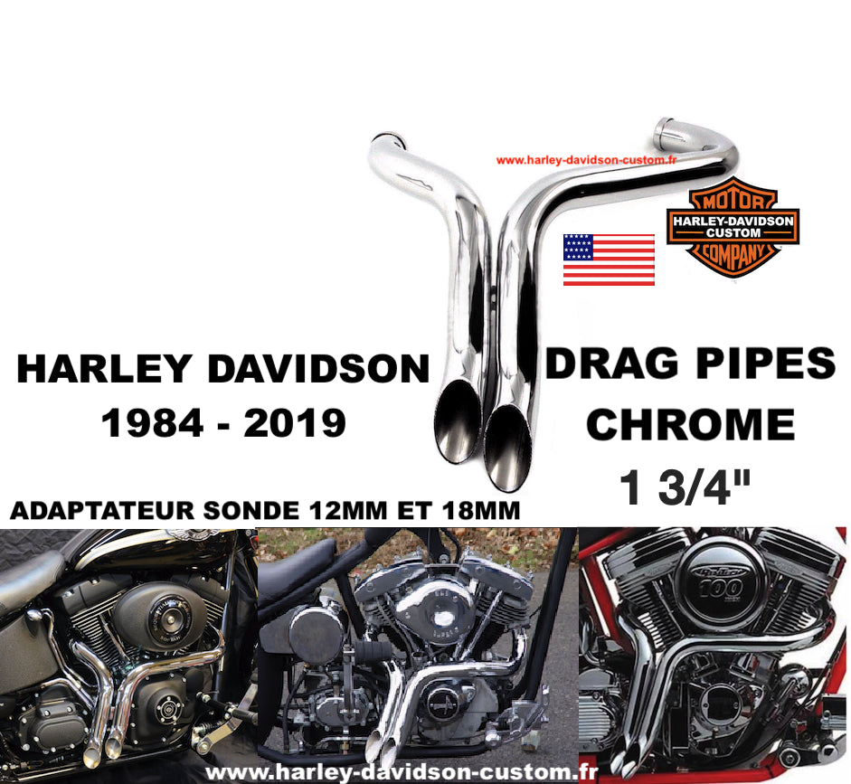 DRAG PIPES 1 3/4 " ECHAPPEMENT CHROME Harley Davidson 1984 - 2019 USA