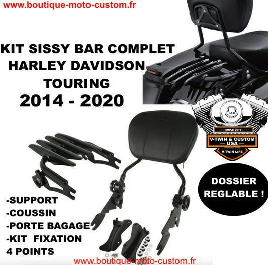 Black Detachable sissy bar / Harley Davidson Touring Adjustable clips, Street, Glide, Road, Electra, CVO